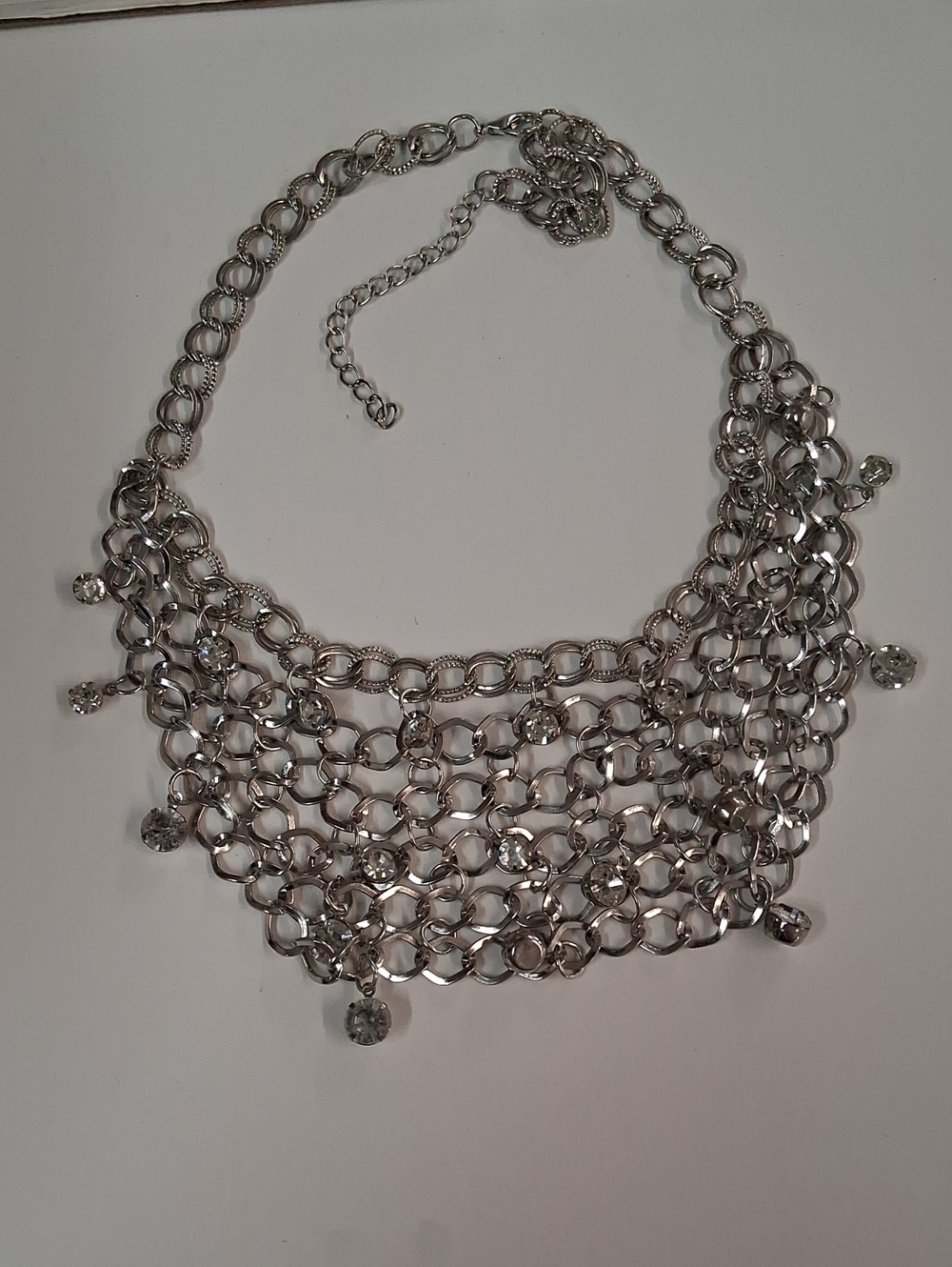 Silver Multi-Row Statement Necklace with Crystal Accents